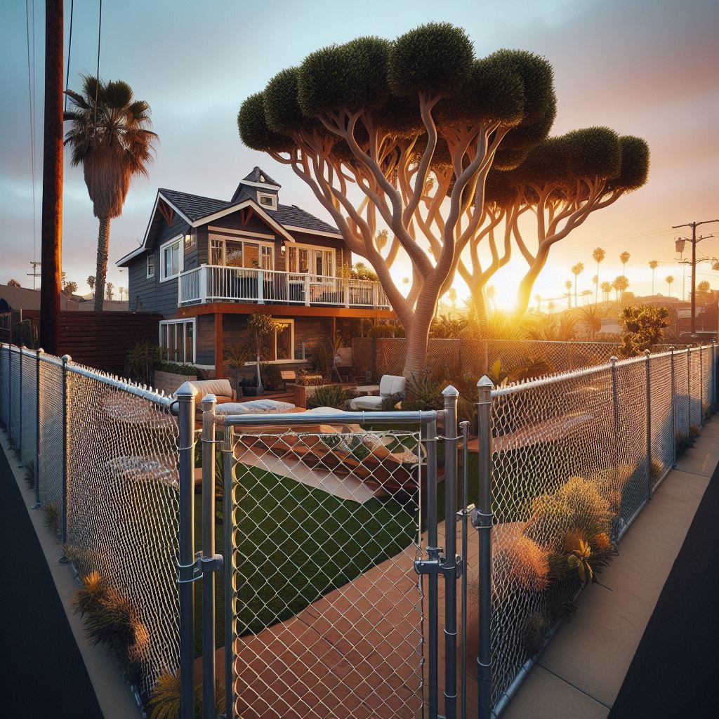 San Diego home with chain link fence installed around home. Sun Rising in the background