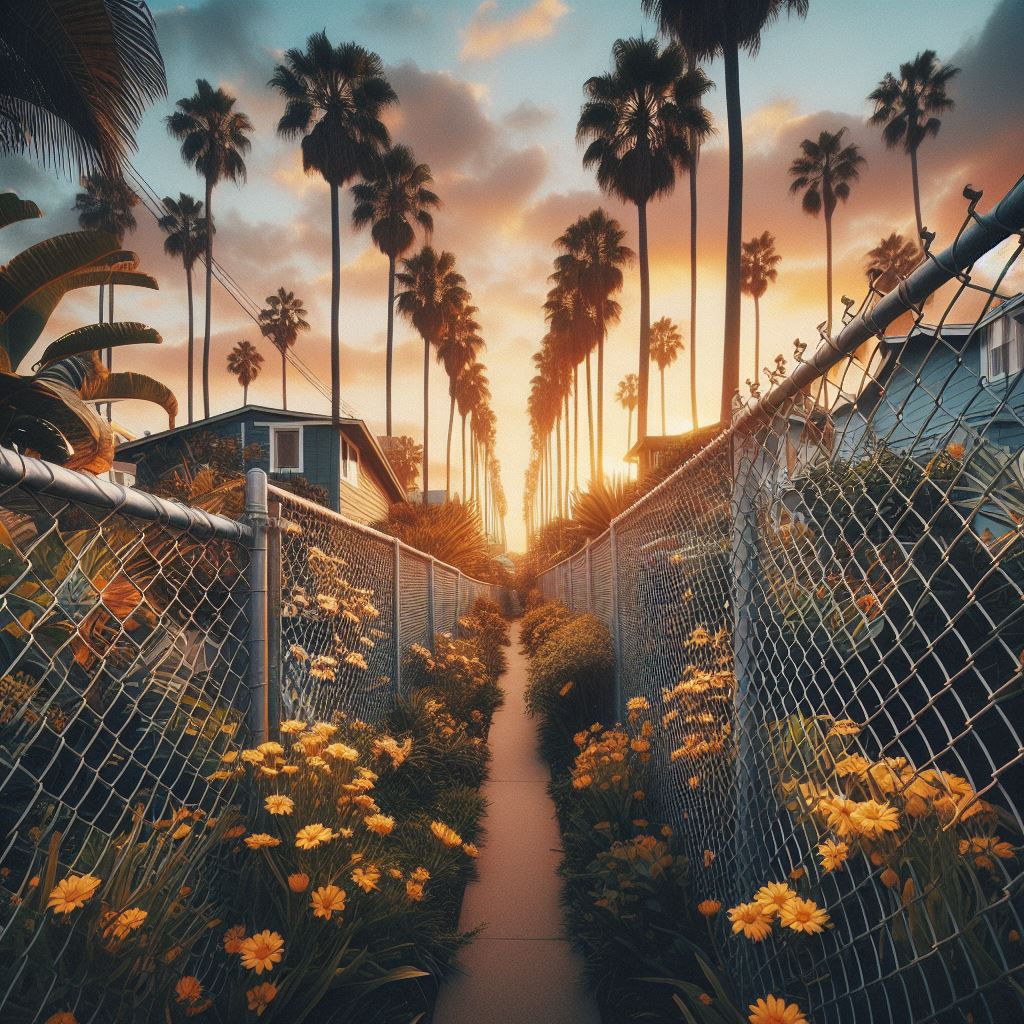 san Diego side walk with chain link fences installed at sunset