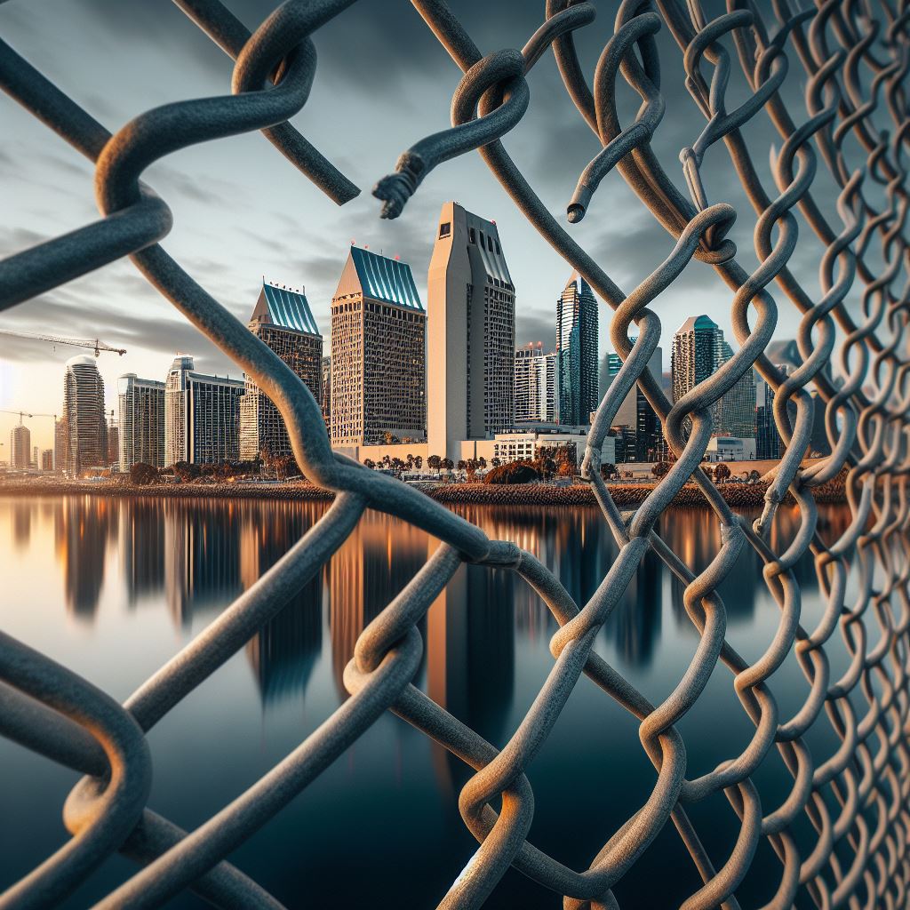 San Diego skyline highlighted behind a broken chain link fence